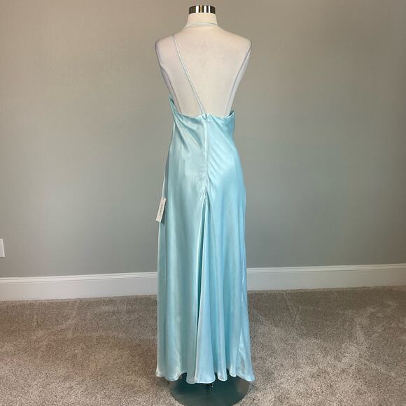 Bardot Satin Backless One Shoulder Slip Dress Evening Gown Blue Size 12 Formal - Picture 3 of 10